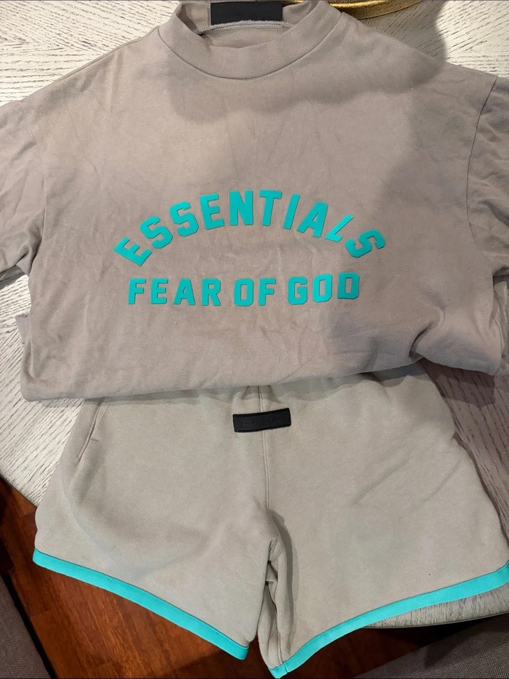 Fear of God Kids Matching Set in Taupe with Teal Accents